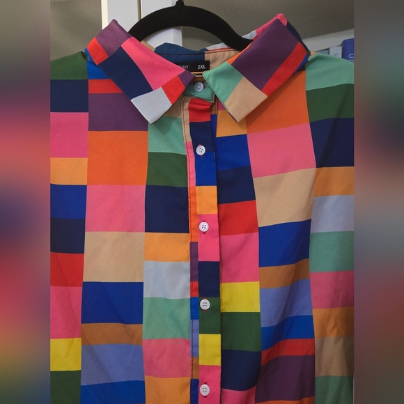 Colourful Checkered/Plaid Button-Up Short Sleeve Shirt with Collar - Picture 7 of 11